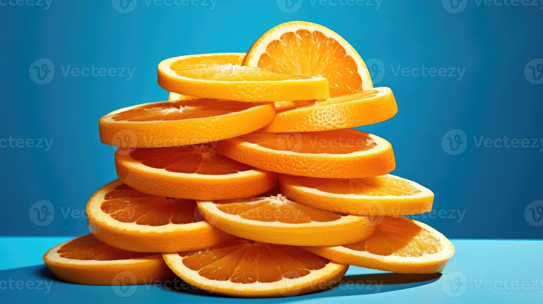 AI generated fresh orange slices on vibrant blue. A burst of citrus, Ai Generated. photo