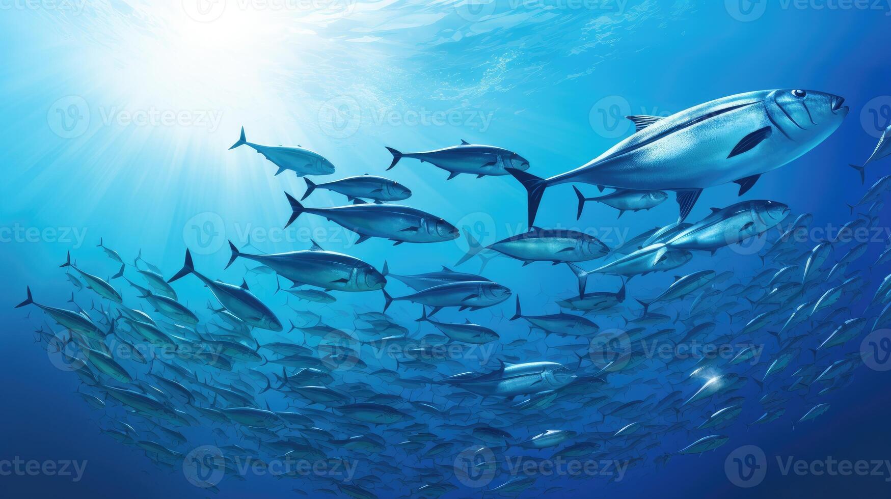 AI generated School of bar jack fish gracefully glide in seamless formation through deep blue ocean, Ai Generated. photo