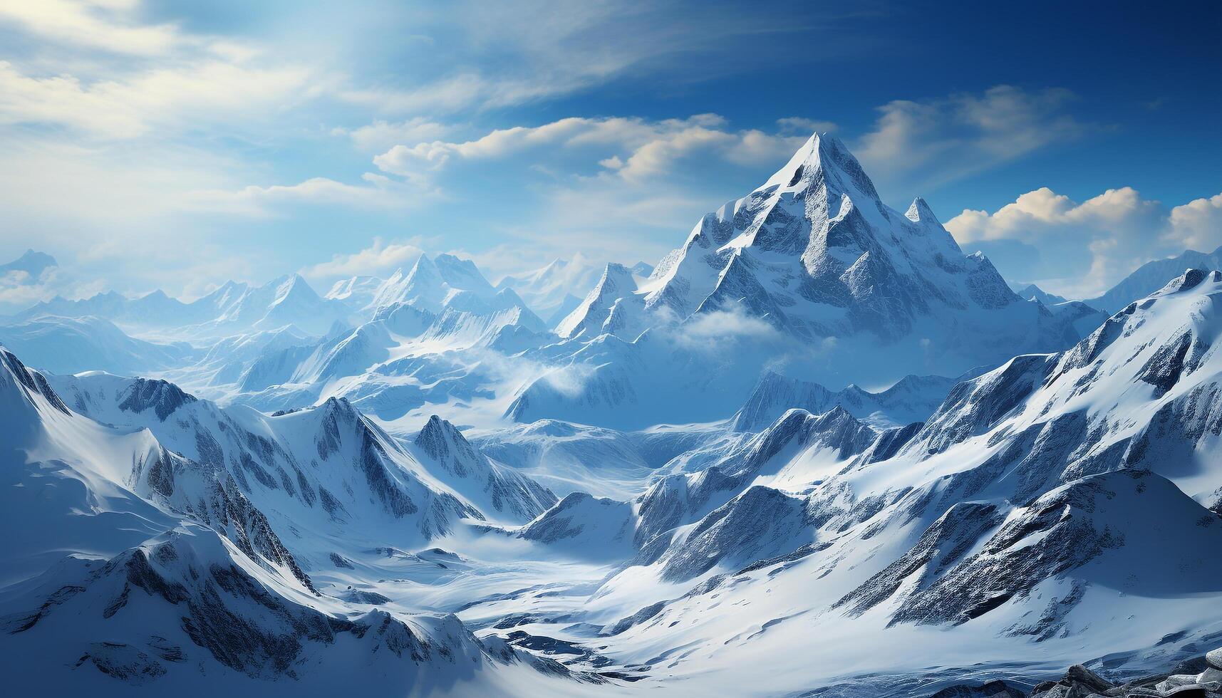 AI generated Majestic mountain range, tranquil scene, snowcapped peaks, and blue sky generated by AI photo