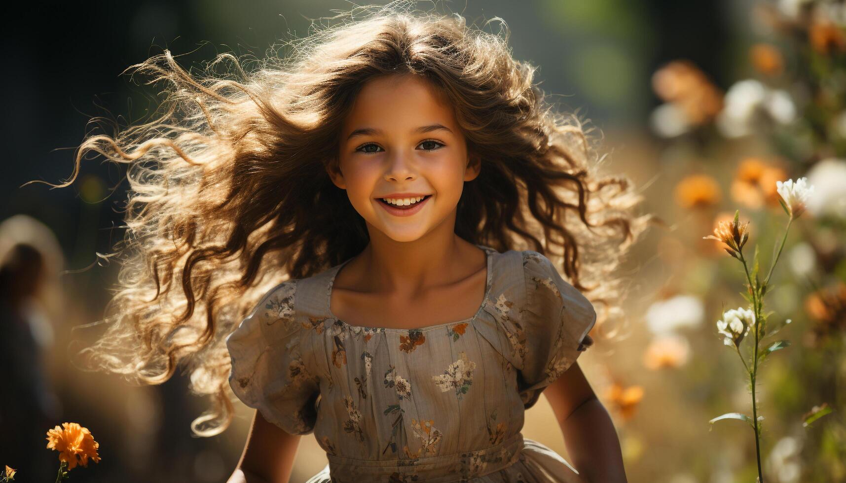 AI generated Smiling girl enjoys nature, carefree and happy in the sun generated by AI photo