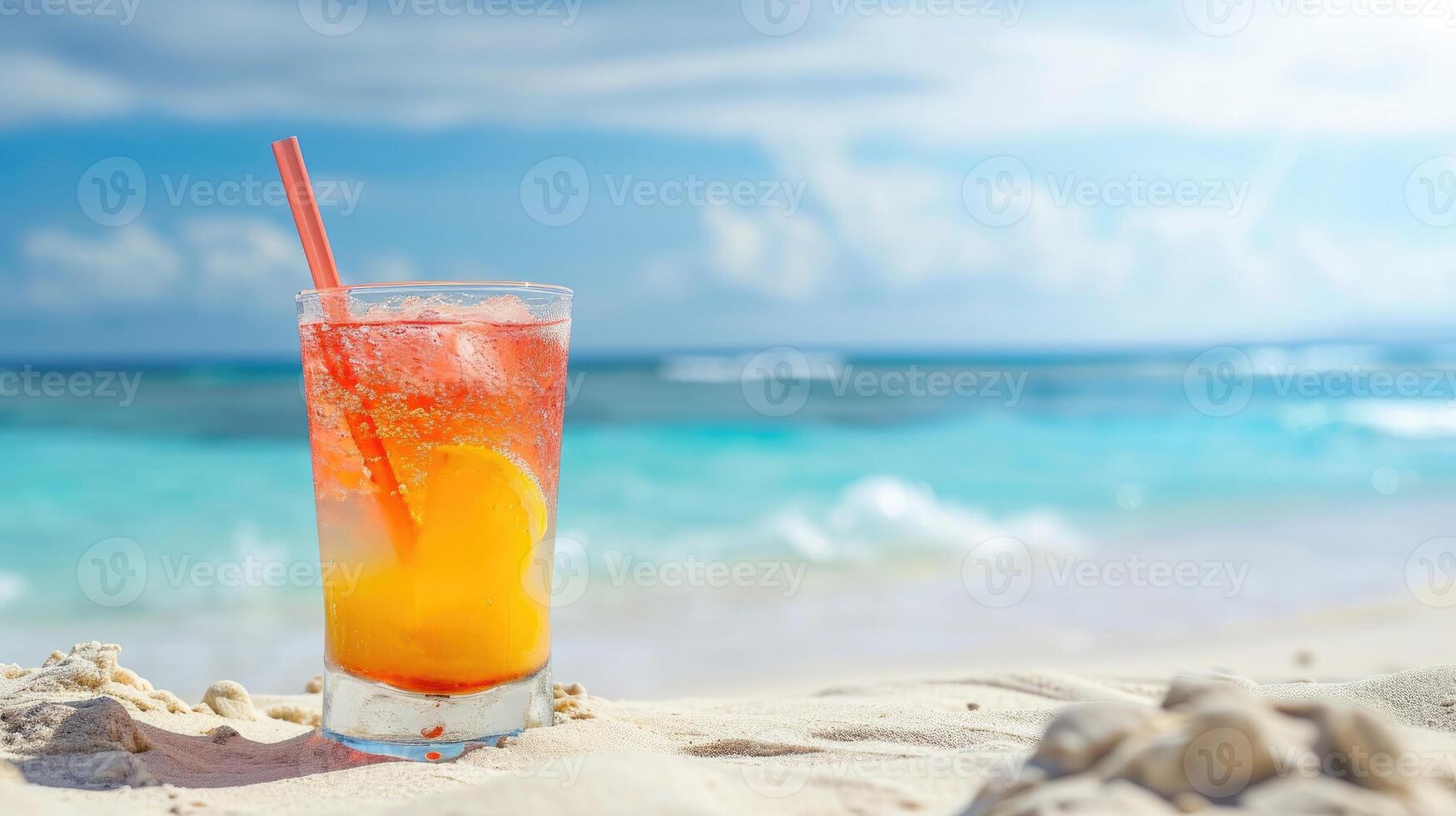 AI generated Cool summer cocktail on white beach, sea view, space for text, Ai Generated. photo