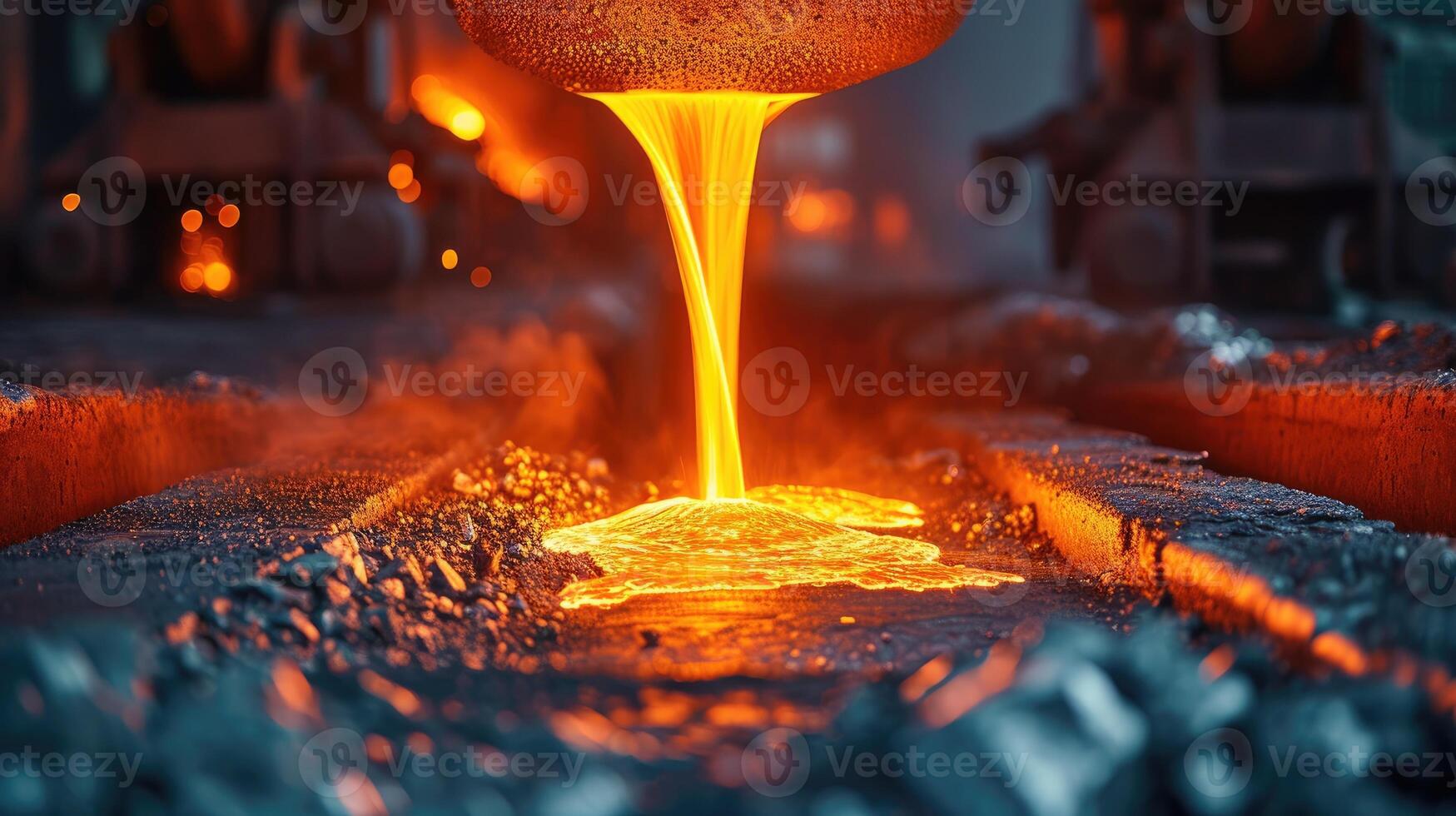 AI generated Molten steel flows from a metallurgical ladle, glowing and dynamic in its industrial journey. Ai Generated. photo