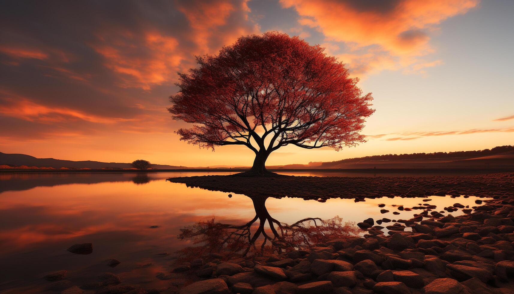 AI generated Tranquil sunset reflects on water, nature beauty in autumn generated by AI photo