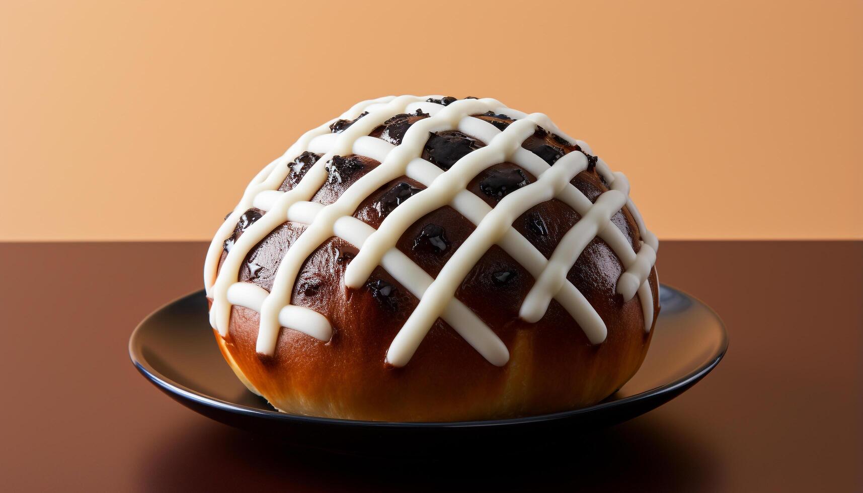 ai generado recién horneado hecho en casa chocolate rosquilla en un vistoso plato generado por ai foto