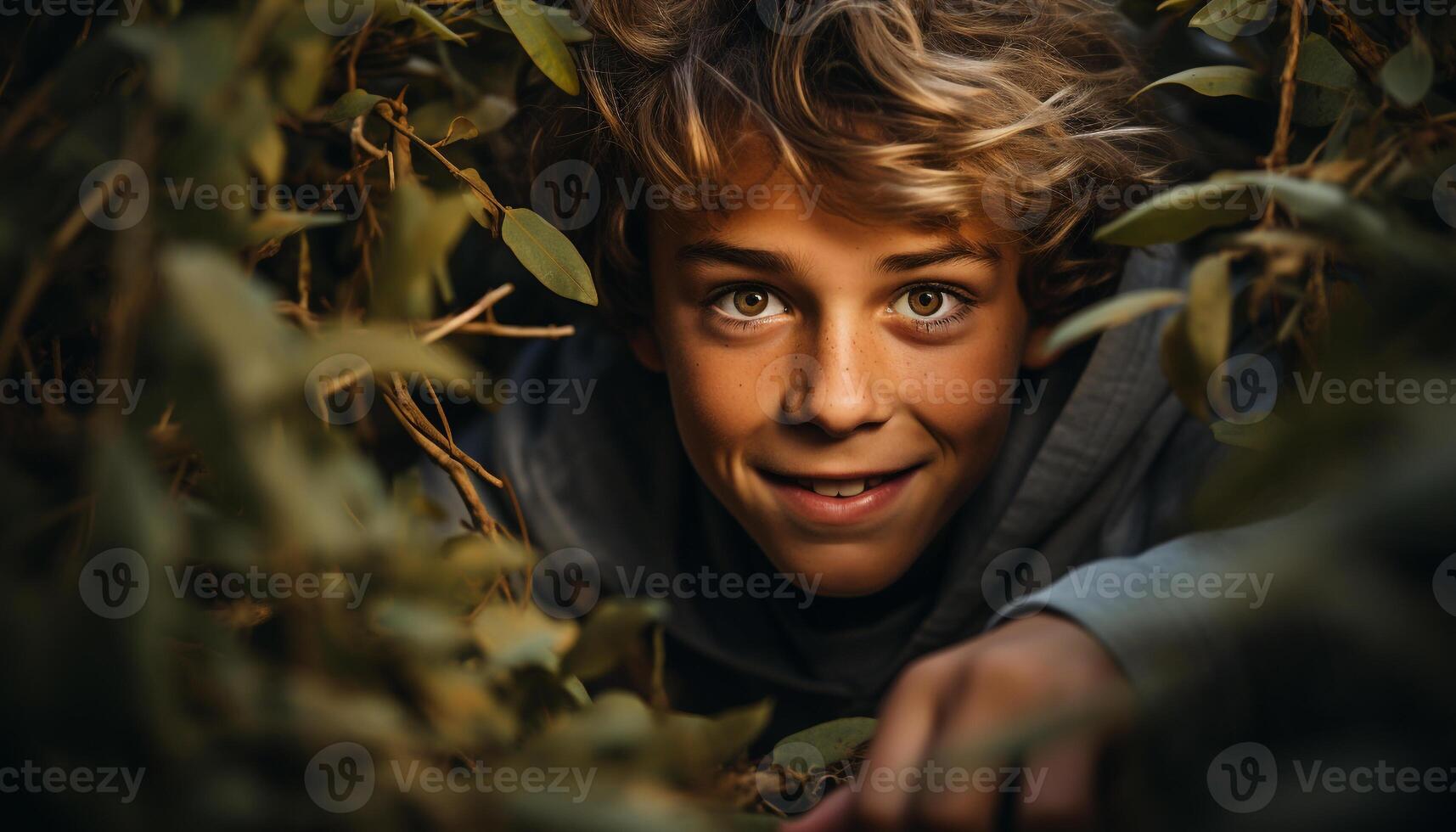 AI generated Smiling child hiding in autumn forest, enjoying nature beauty generated by AI photo