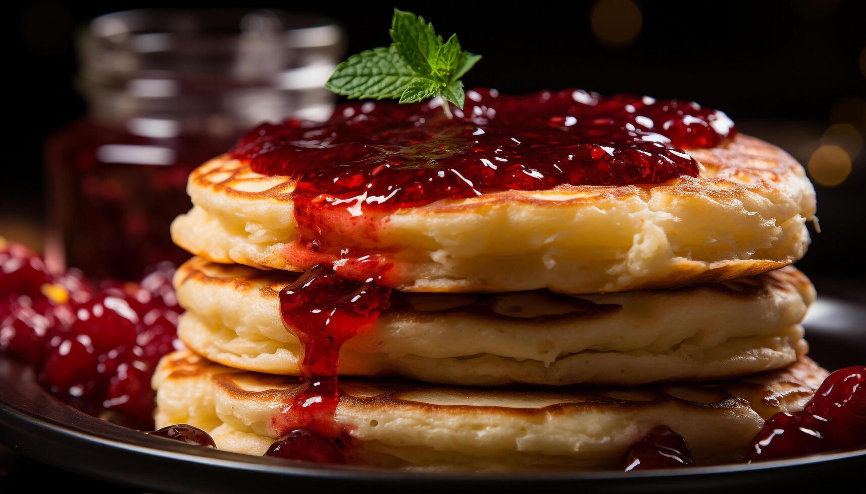 AI generated A homemade gourmet pancake stack with fresh berry fruit generated by AI photo