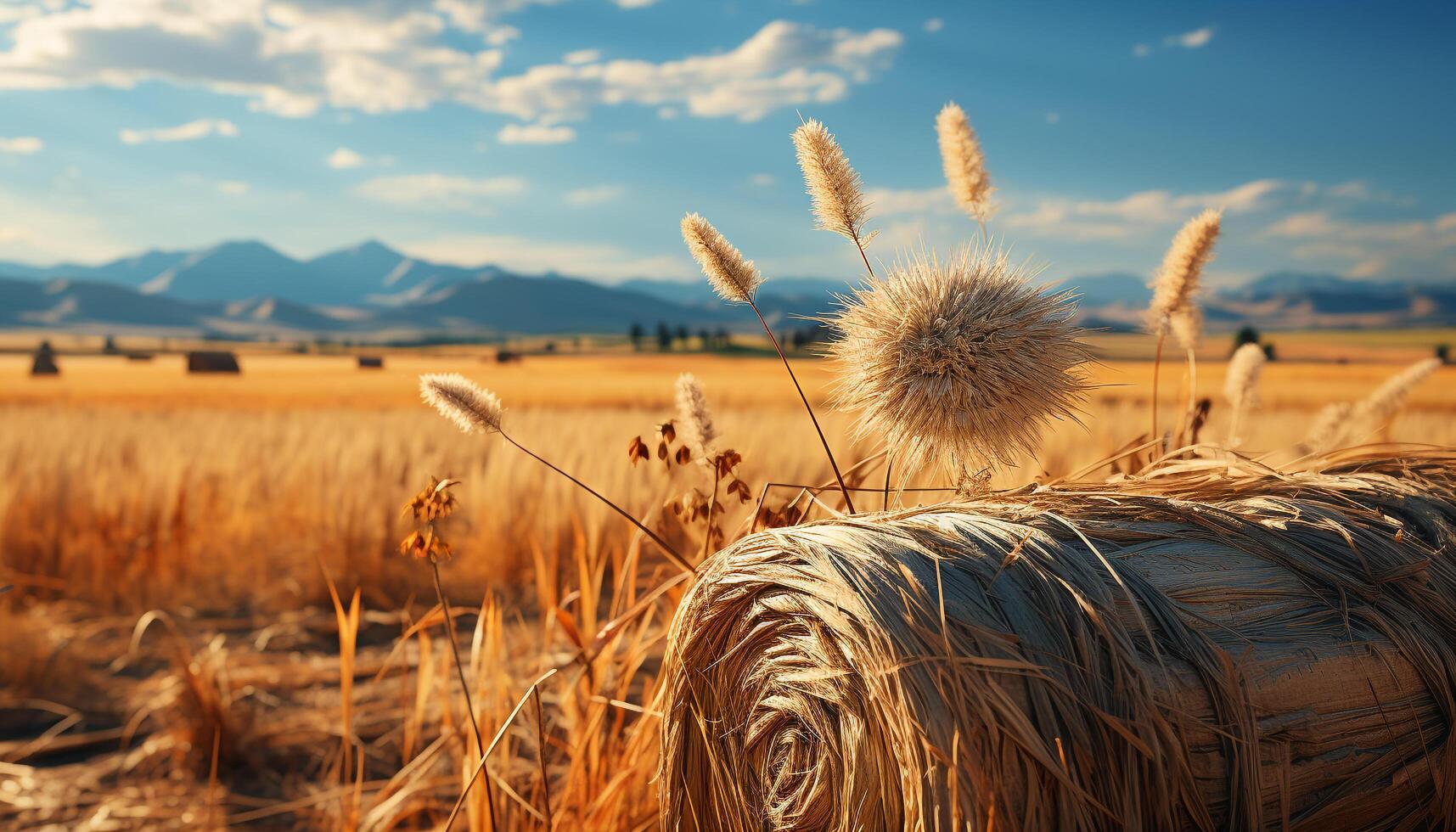 AI generated The wheat field glows golden under the summer sunset generated by AI photo