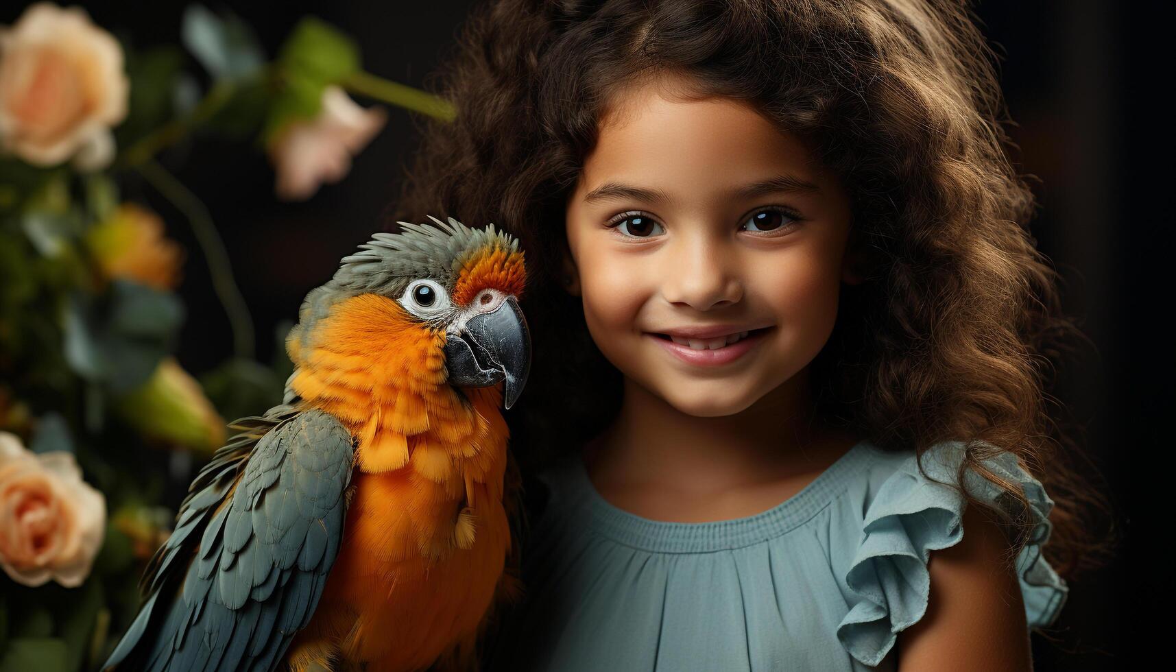 AI generated Cute girl smiling, holding a small macaw, outdoors in nature generated by AI photo