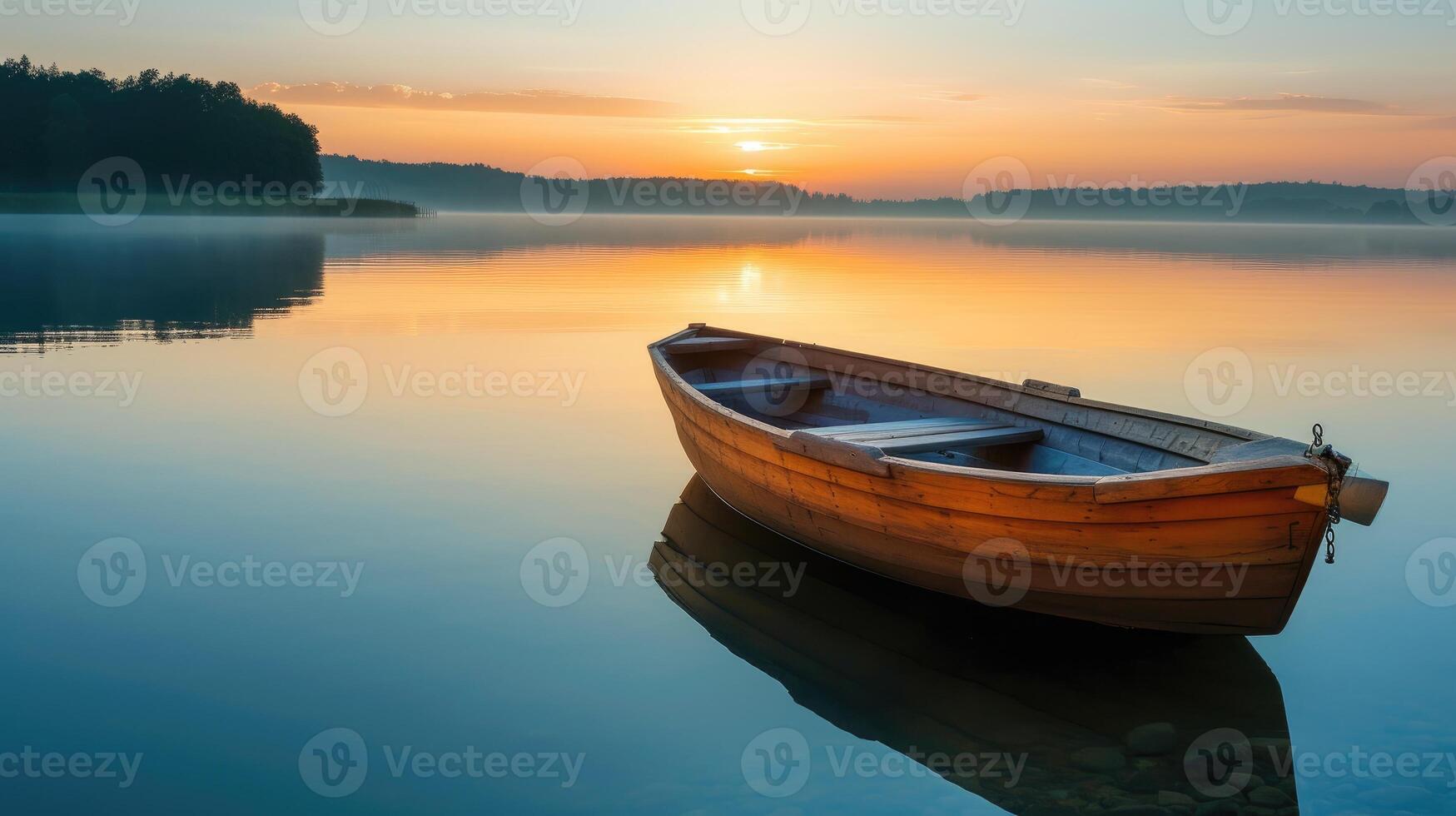 AI generated A lonely wooden boat floats on a lake, its reflection mirrored in the calm waters, Ai Generated. photo