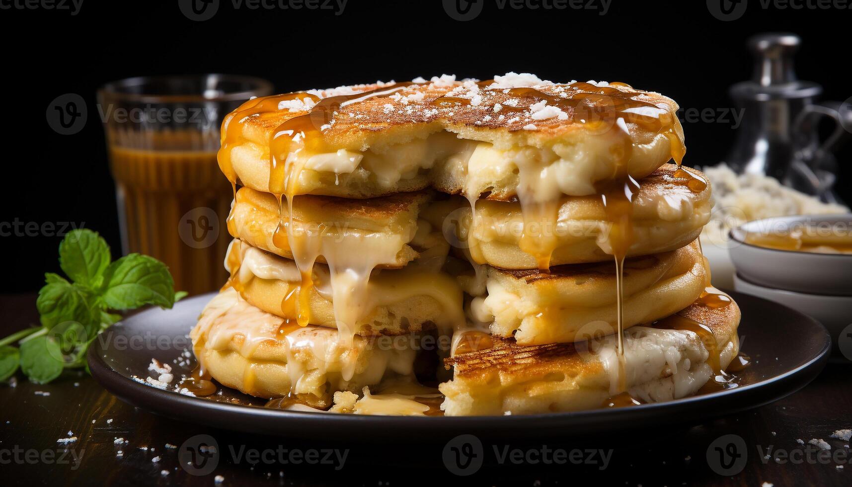 AI generated Stack of homemade pancakes with syrup and fresh berries generated by AI photo