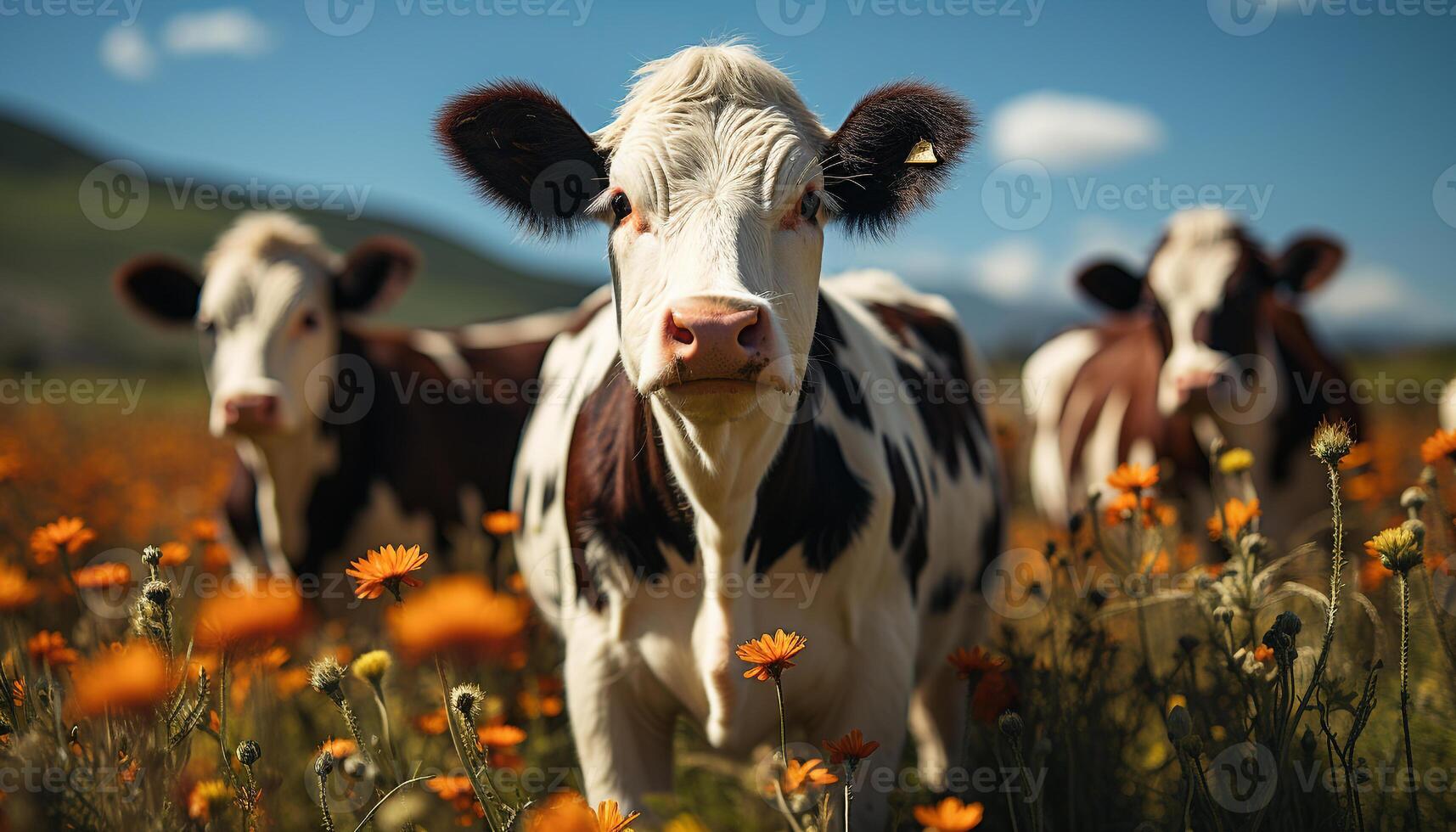 AI generated Cute cow grazing on green meadow, enjoying fresh summer generated by AI photo