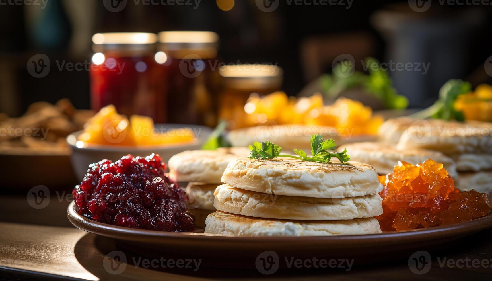 AI generated Freshness on plate homemade pancake, fruit stack, sweet refreshment generated by AI photo