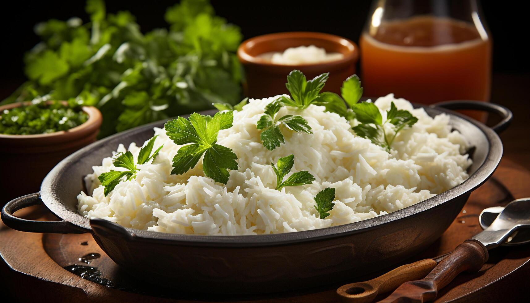 AI generated Fresh, healthy vegetarian meal on rustic wood table, ready to eat generated by AI photo