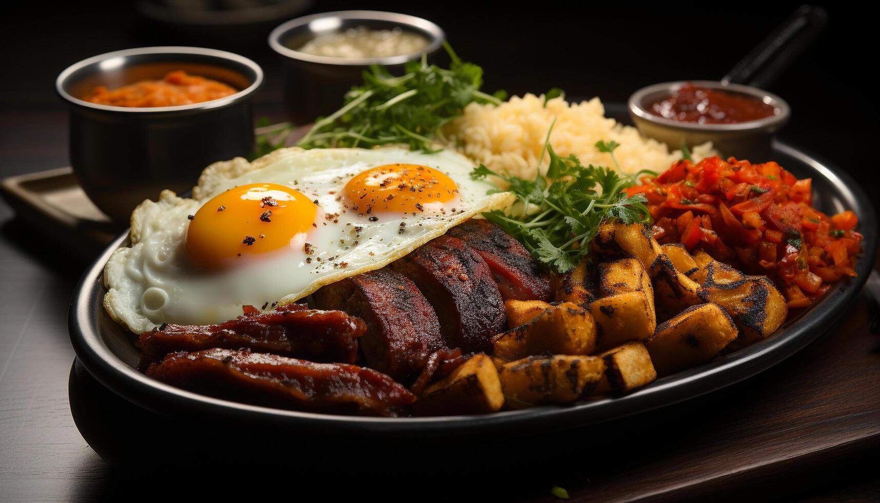 AI generated Grilled pork steak with tomato sauce, salad, and French fries generated by AI photo