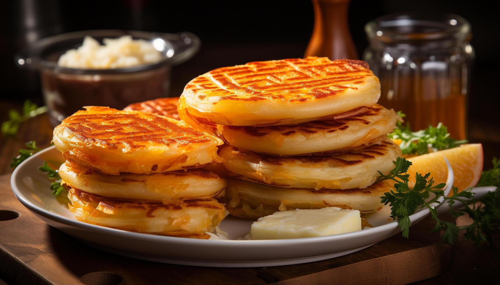 AI generated Freshness and indulgence on a homemade gourmet pancake stack generated by AI photo