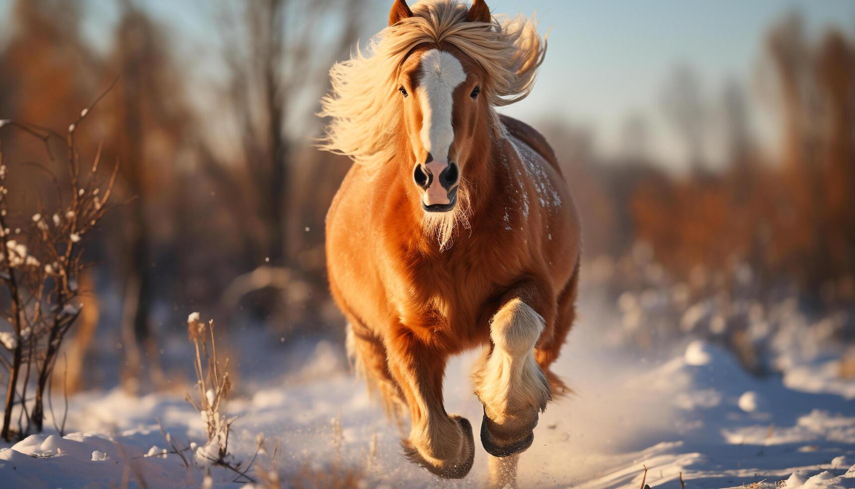 ai generado corriendo caballo en nieve, prado, y bosque, disfrutando libertad generado por ai foto