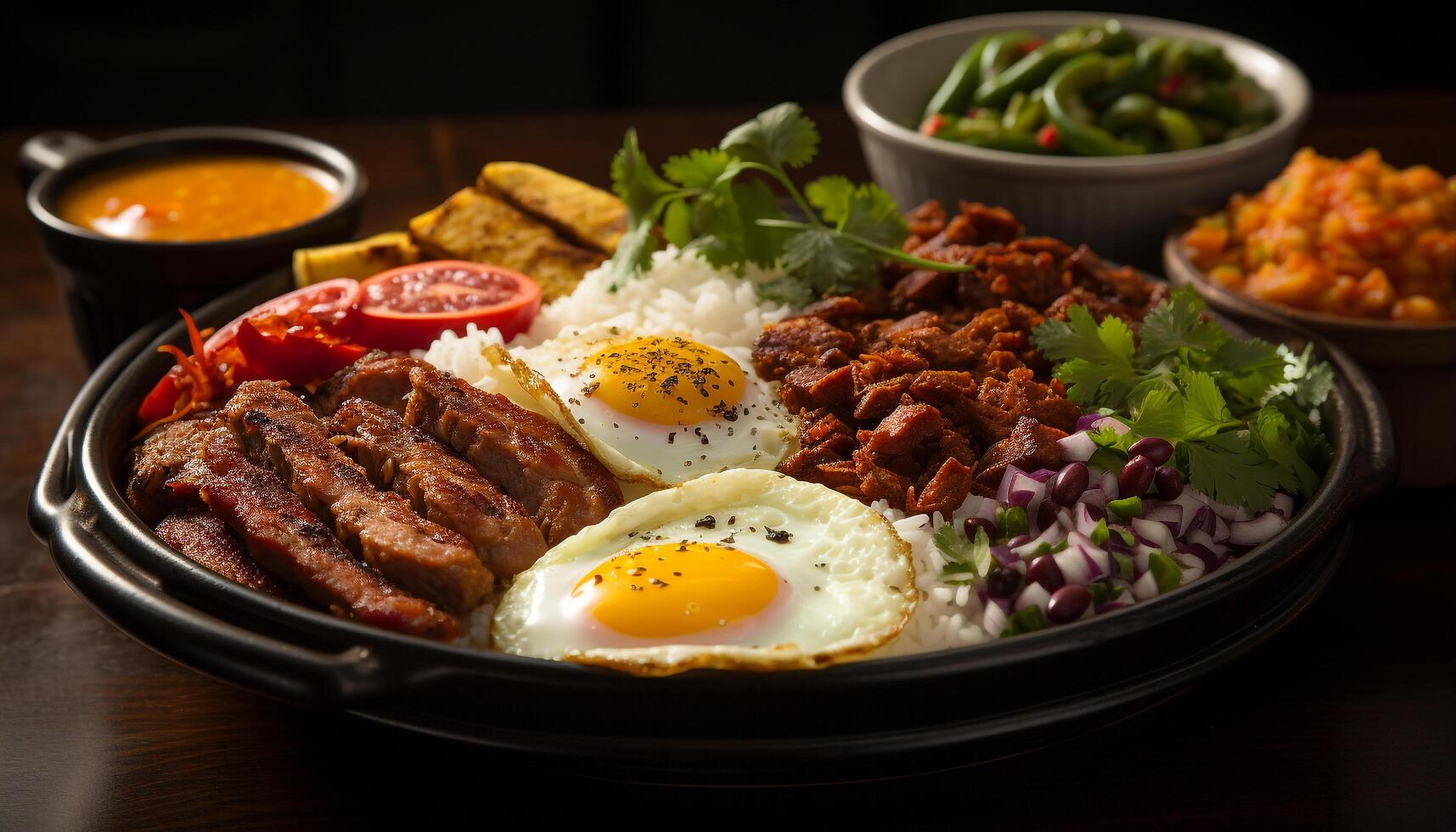 AI generated Grilled pork steak with fresh tomato salad, ready to eat gourmet generated by AI photo