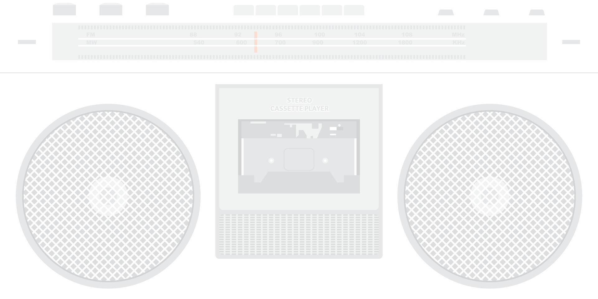 Retro cassette player and radio interface flat design faded vector illustration on white background.