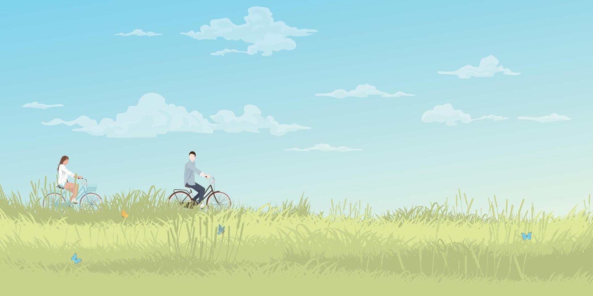 Man and woman riding bicycle together with nature landscape spring season flat design vector illustration have blank space.