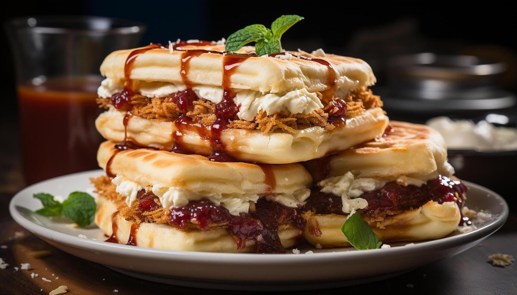 AI generated Ready to eat gourmet dessert homemade pancake stack with chocolate sauce generated by AI photo