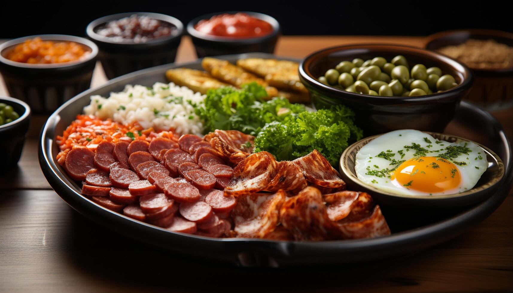 AI generated Freshly grilled pork steak on a wooden plate, ready to eat generated by AI photo