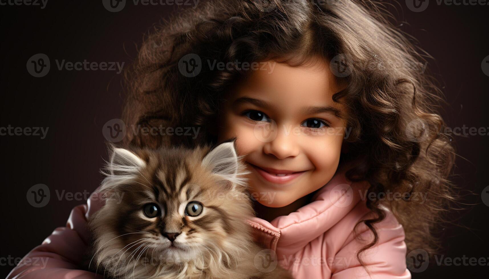 AI generated Smiling child embraces playful kitten, radiating love and happiness generated by AI photo