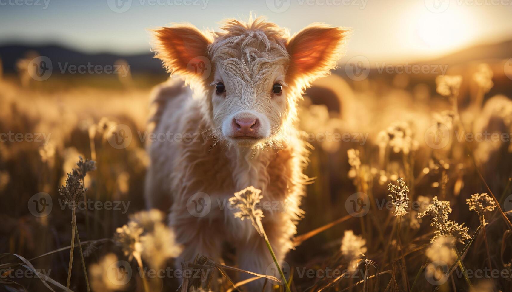 ai generado linda vaca pasto en verde prado, mirando a cámara generado por ai foto