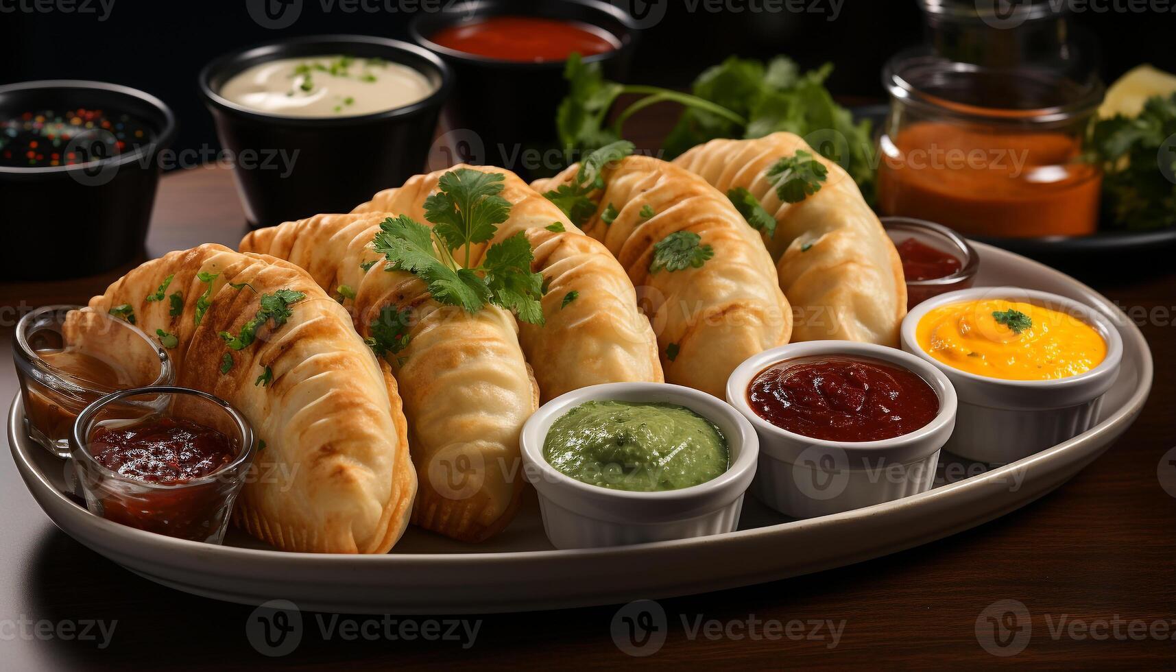 AI generated Freshness and spice on a plate of gourmet dim sum generated by AI photo