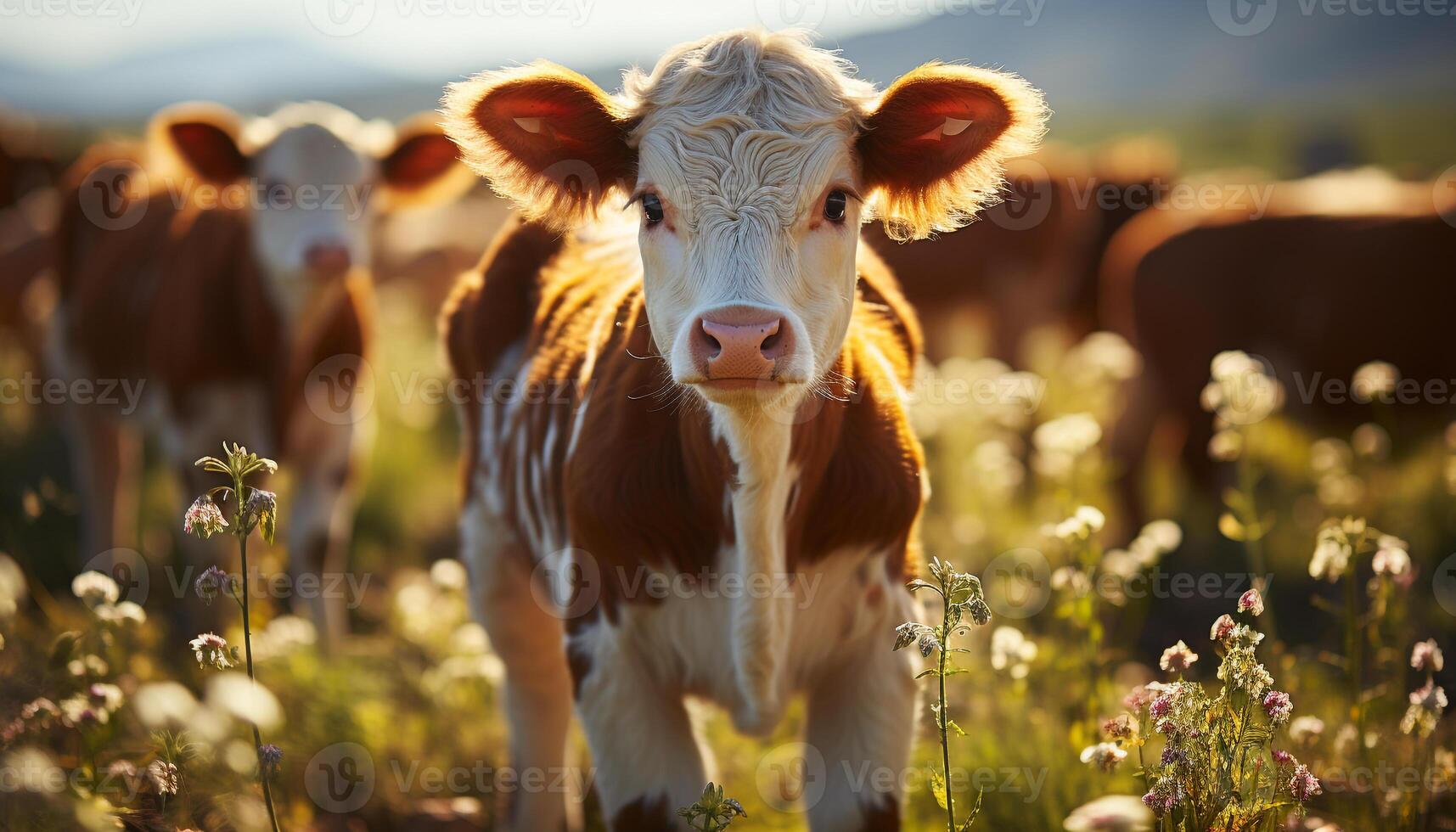 AI generated Cute young cow grazing in green meadow at sunset generated by AI photo