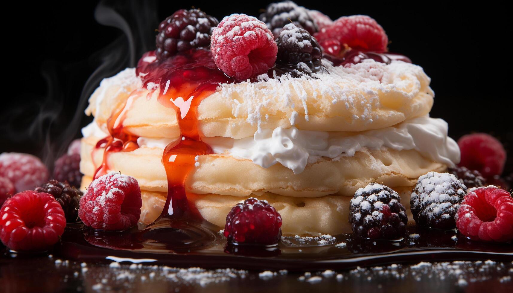 AI generated Homemade pancake stack with raspberry and whipped cream indulgence generated by AI photo