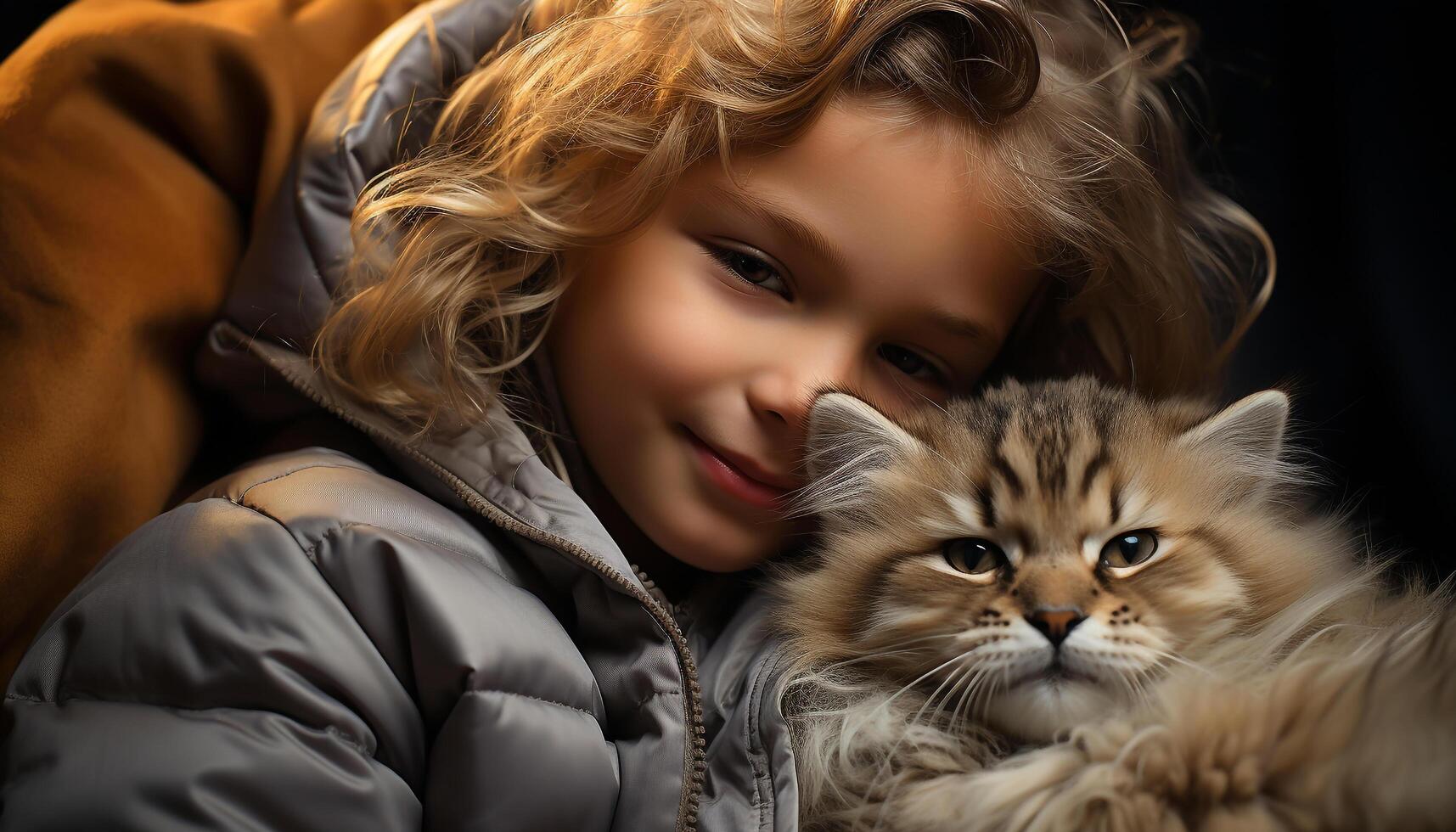 AI generated Cute child embraces playful kitten, pure joy in nature generated by AI photo
