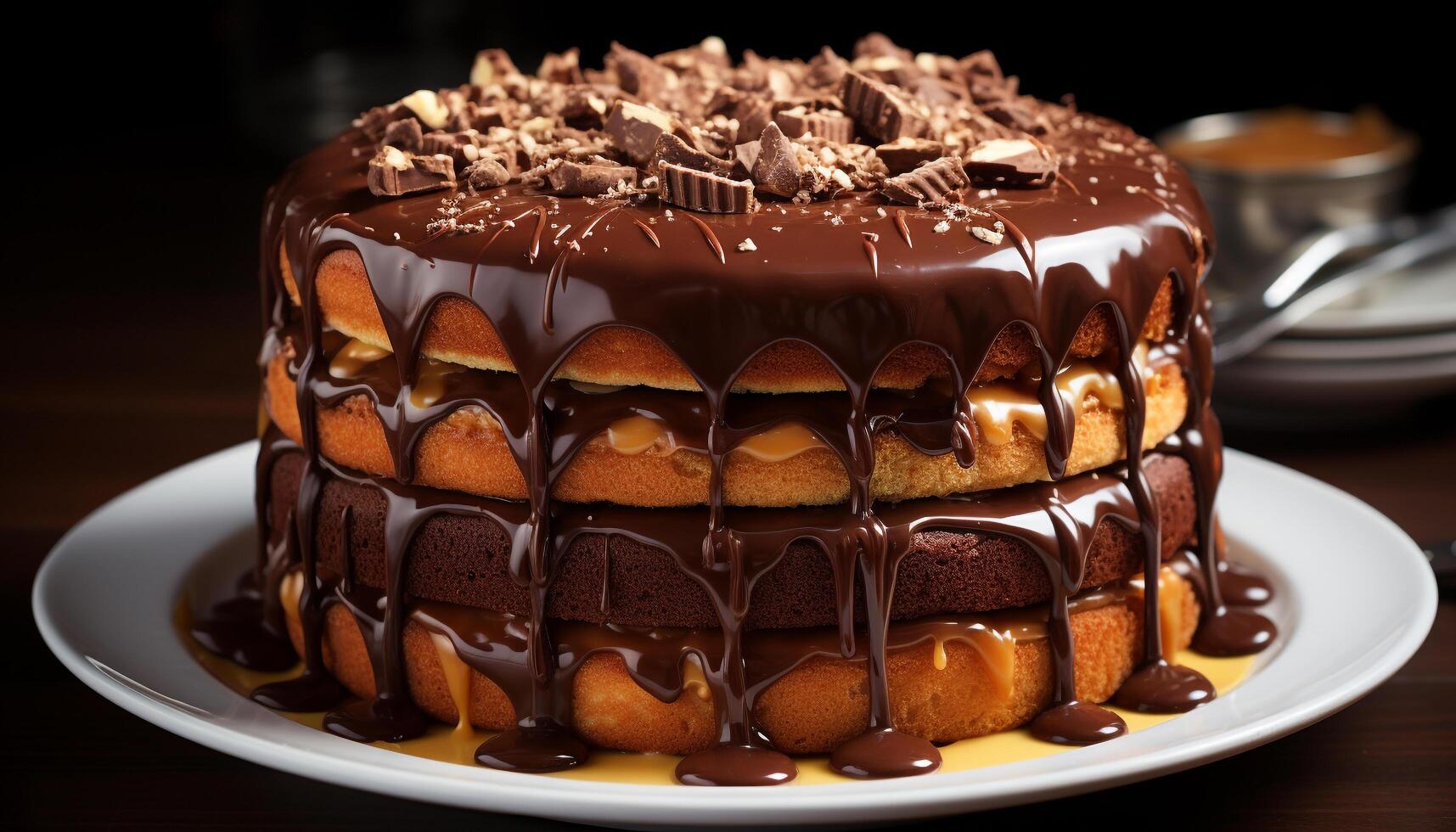 AI generated Homemade chocolate cake slice on a plate, ready to eat indulgence generated by AI photo