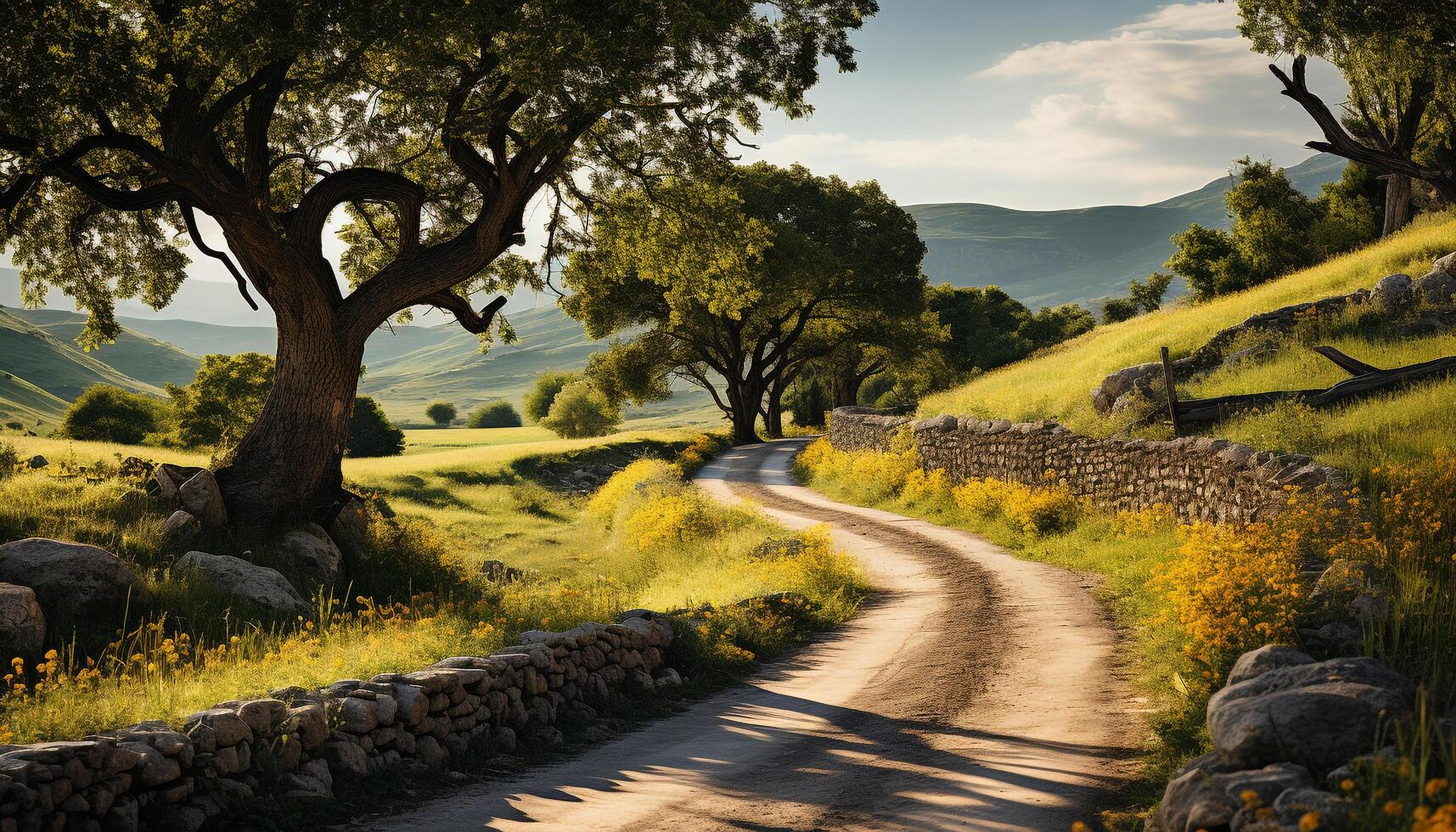 ai generado tranquilo prado, verde árboles, montañas, puesta de sol naturaleza idílico viaje generado por ai foto