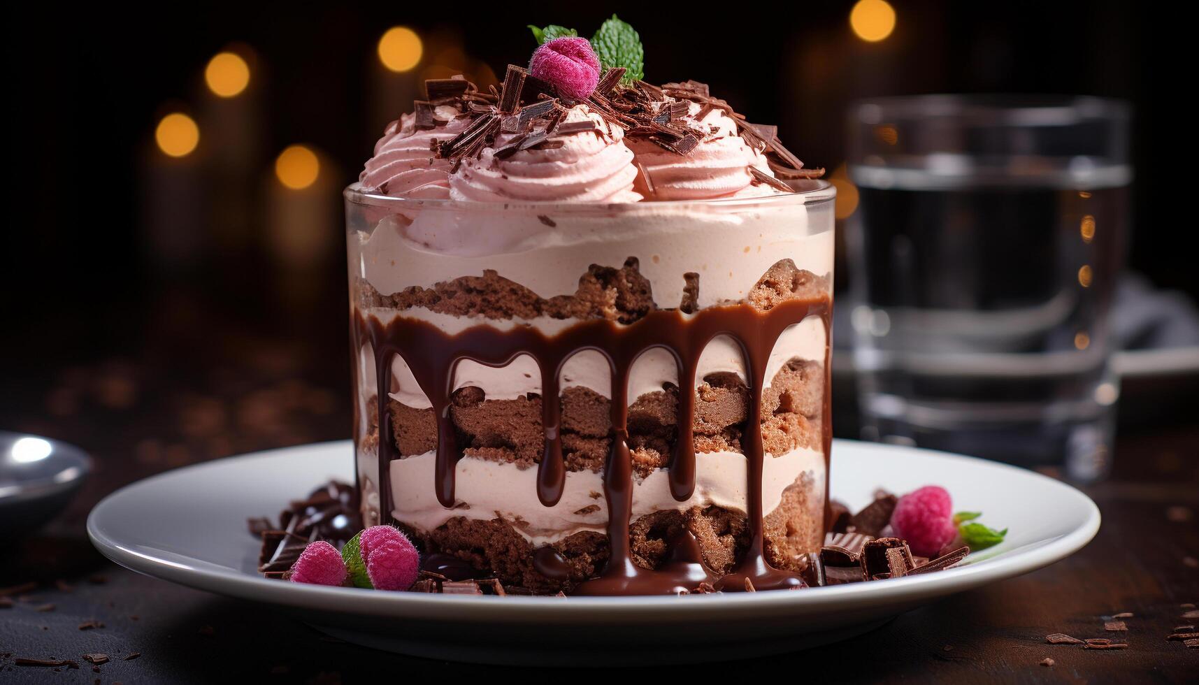 AI generated Gourmet chocolate dessert, fresh cream, raspberry slice, homemade indulgence generated by AI photo