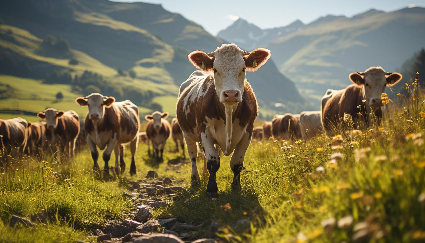 AI generated Cute cows grazing on green meadow, surrounded by beautiful mountains generated by AI photo