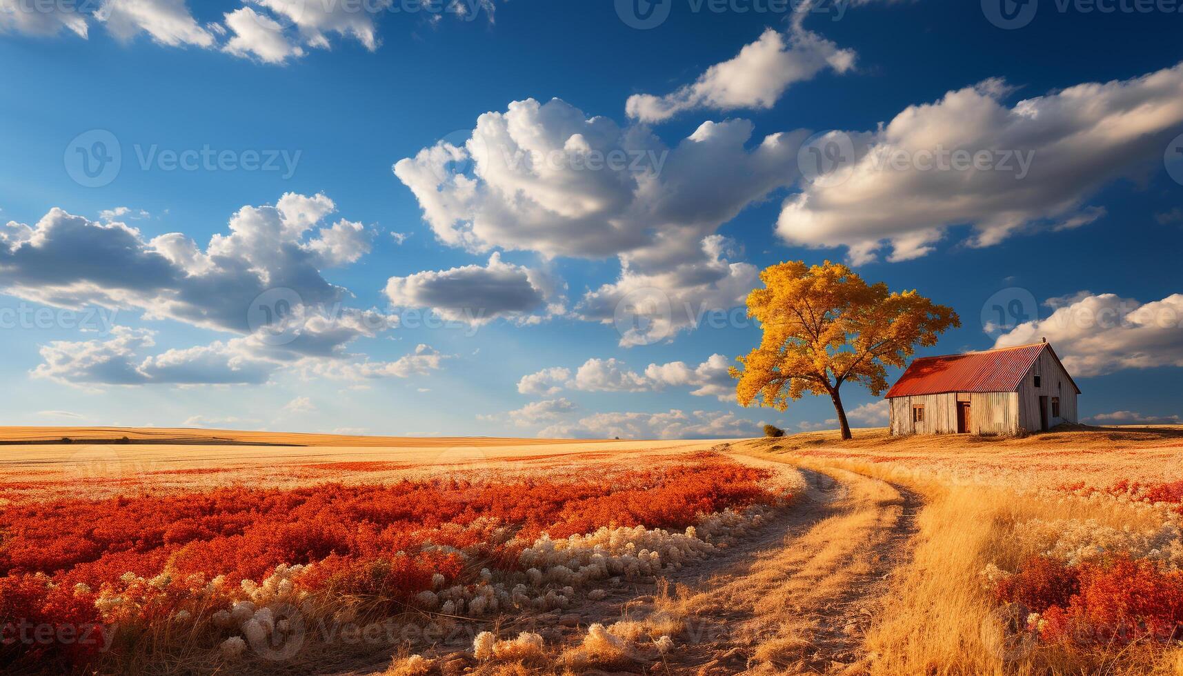 AI generated Tranquil sunset over rural landscape, nature beauty in yellow generated by AI photo