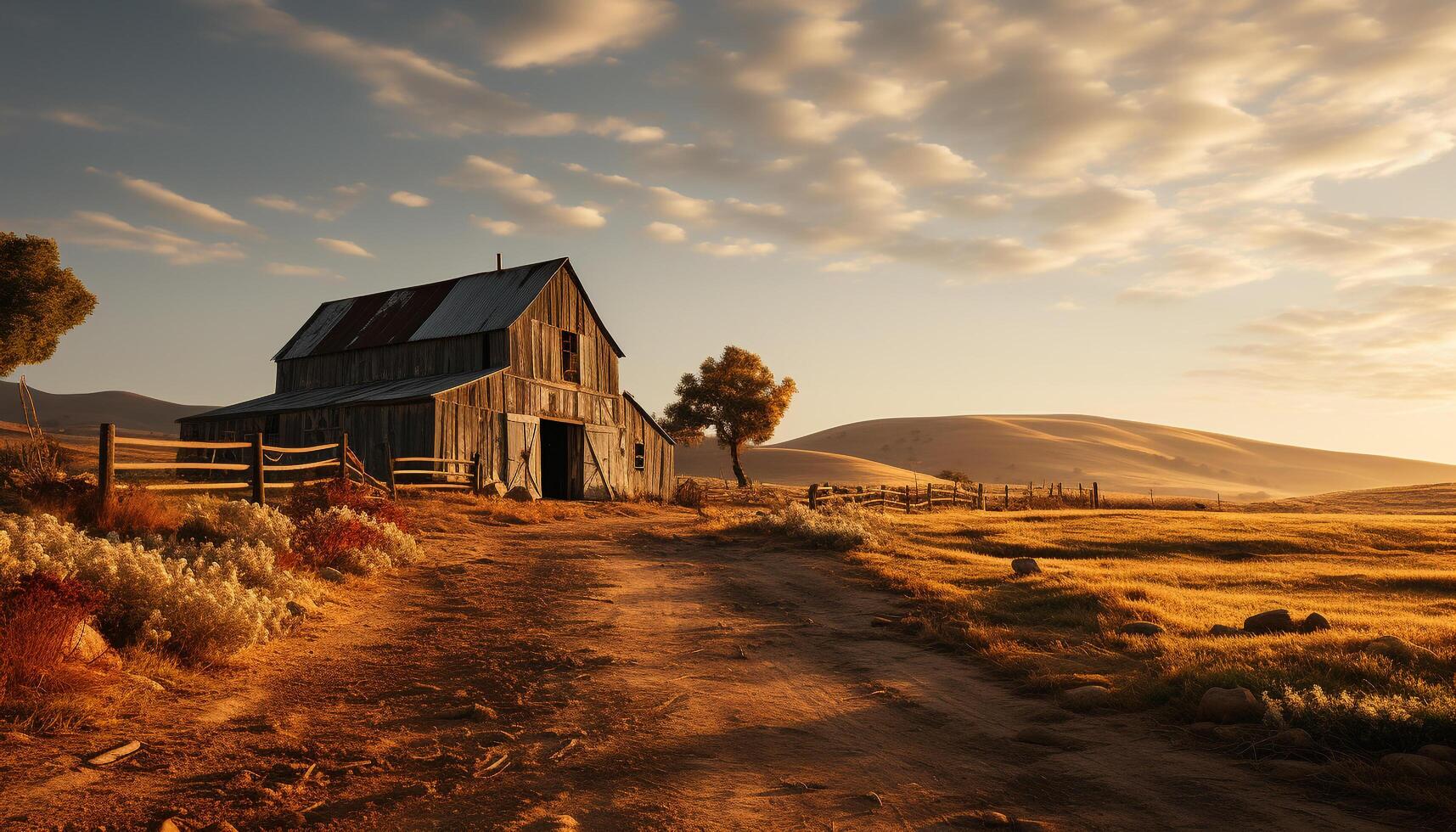 AI generated Rustic farmhouse in tranquil meadow, surrounded by autumn idyllic beauty generated by AI photo