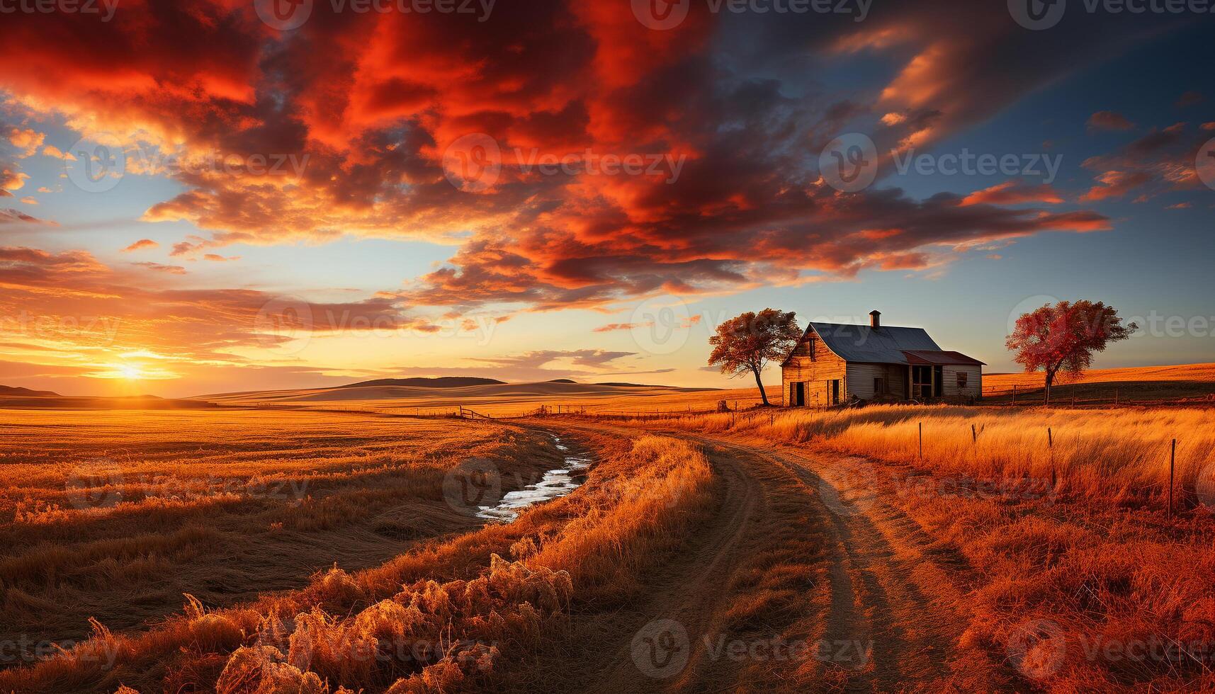 AI generated Tranquil sunset over rural landscape, nature beauty in non urban scene generated by AI photo