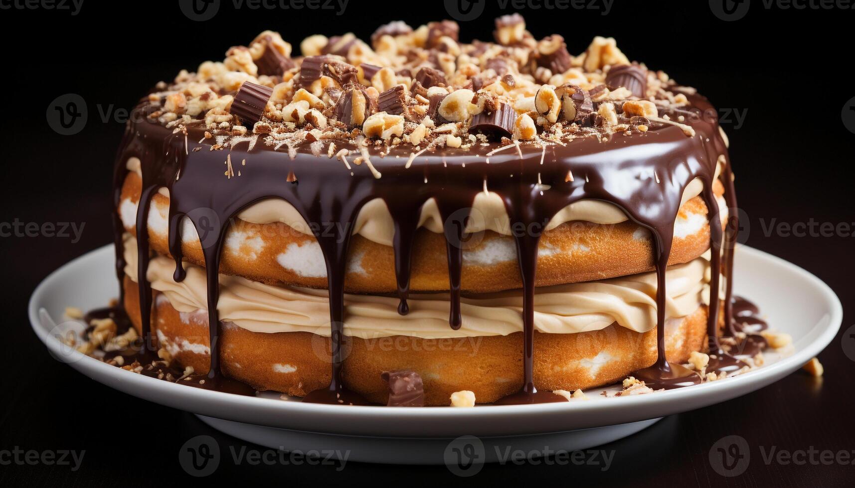 AI generated Homemade chocolate cake with whipped cream and chocolate sauce generated by AI photo