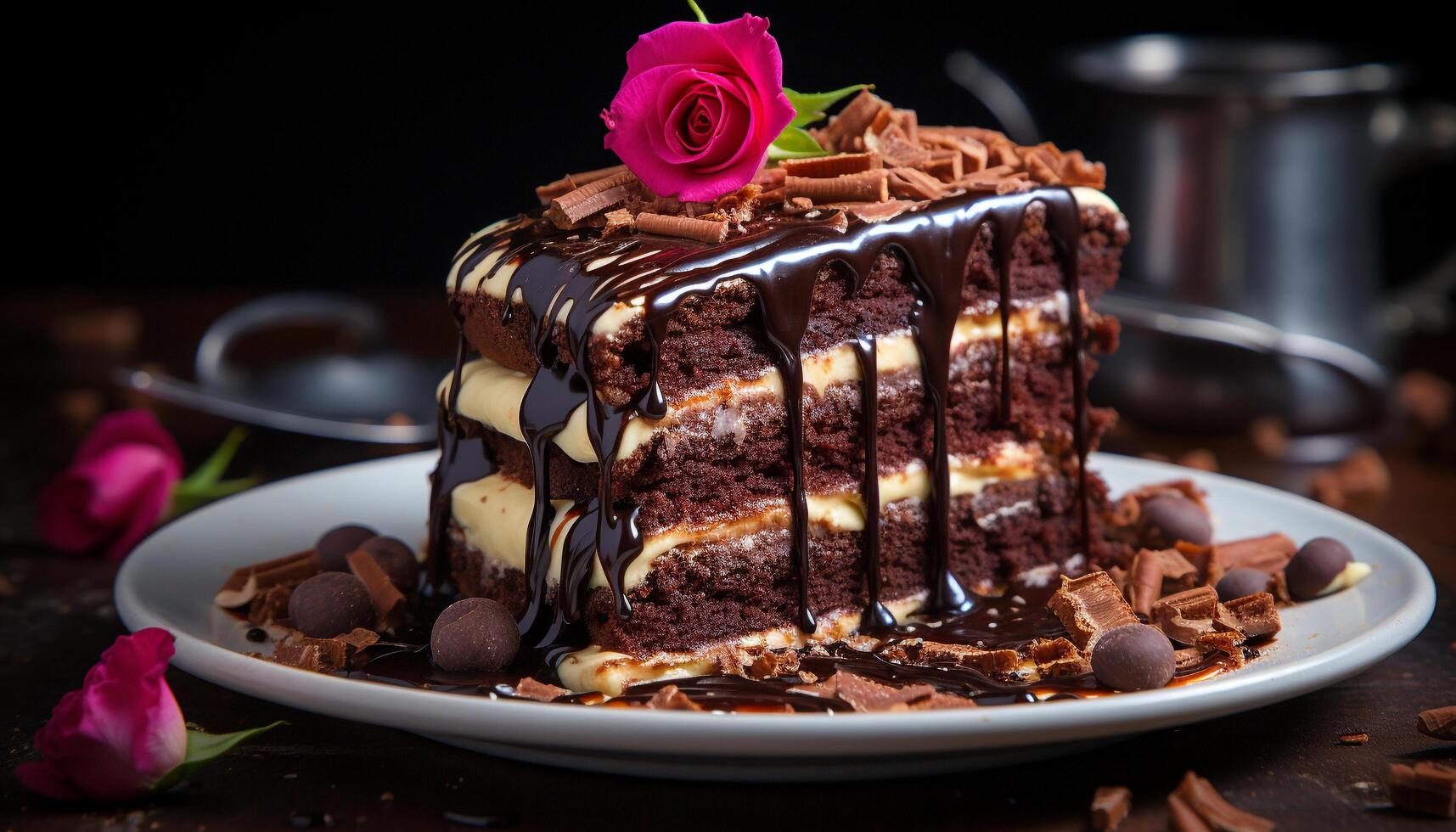 AI generated A gourmet dessert slice on a plate, fresh and indulgent generated by AI photo