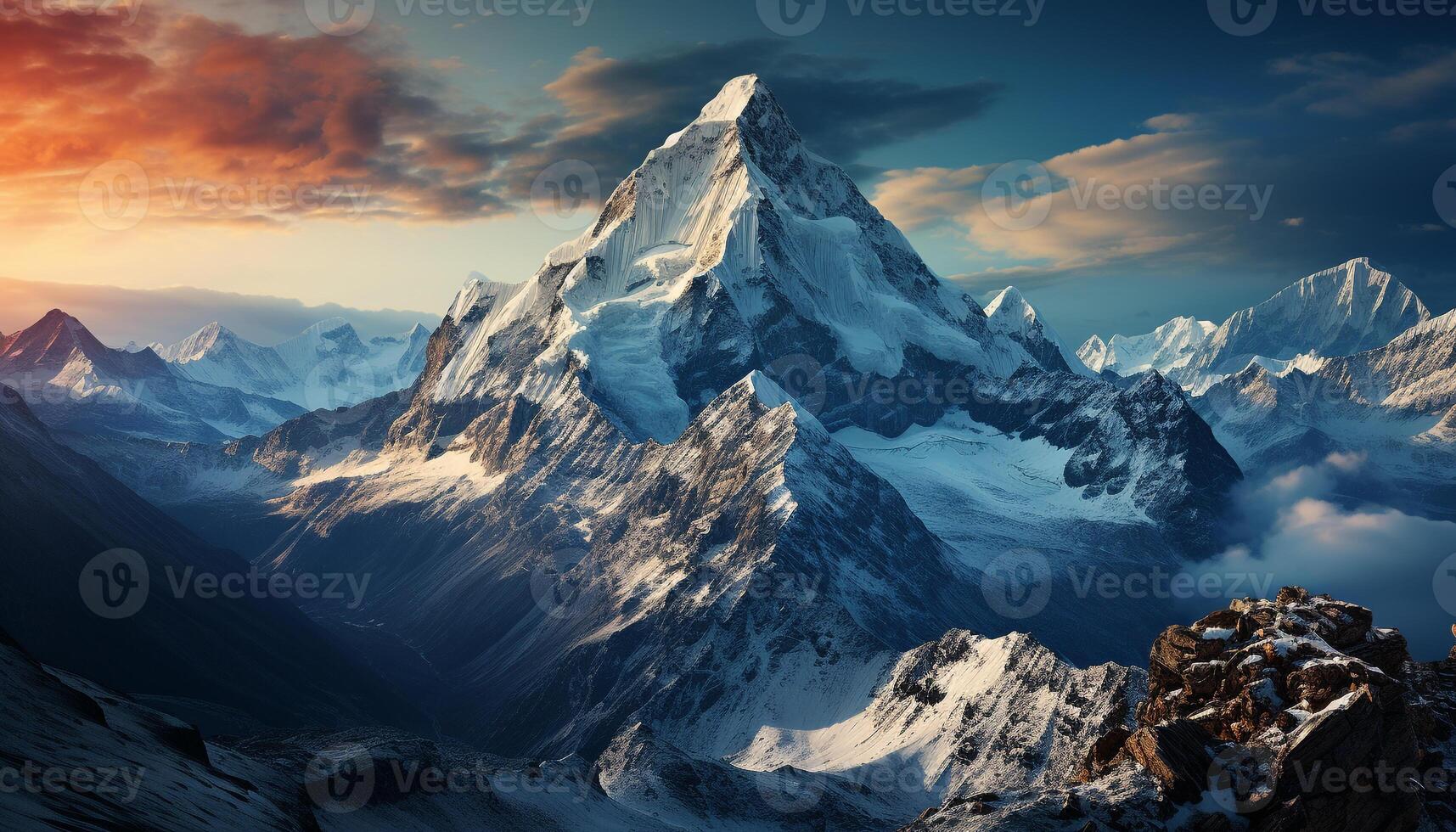 AI generated Majestic mountain peak, snow covered landscape, panoramic beauty in nature generated by AI photo