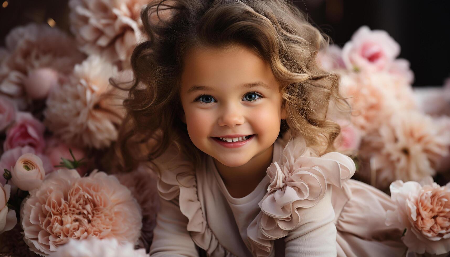 ai generado un lindo, sonriente niña sostiene un pequeño flor ramo de flores adentro generado por ai foto