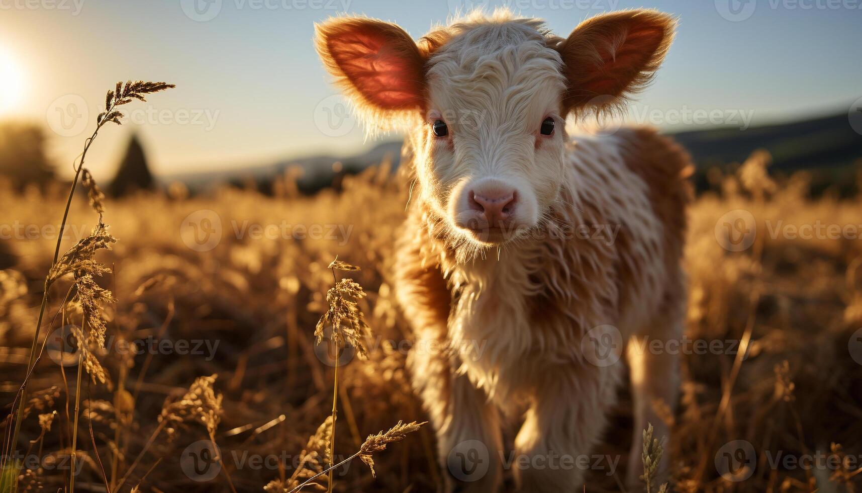 ai generado linda vaca pasto en un prado a puesta de sol generado por ai foto