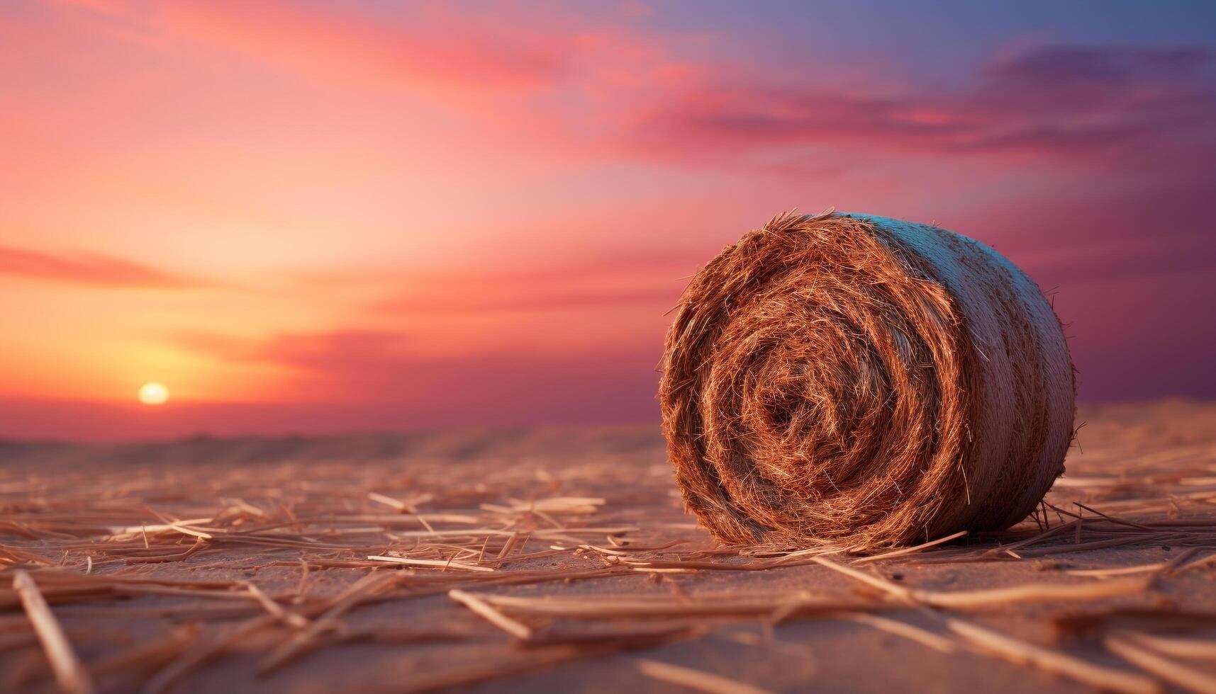 AI generated Sunset over a rural farm, haystacks rolled up in golden wheat generated by AI photo