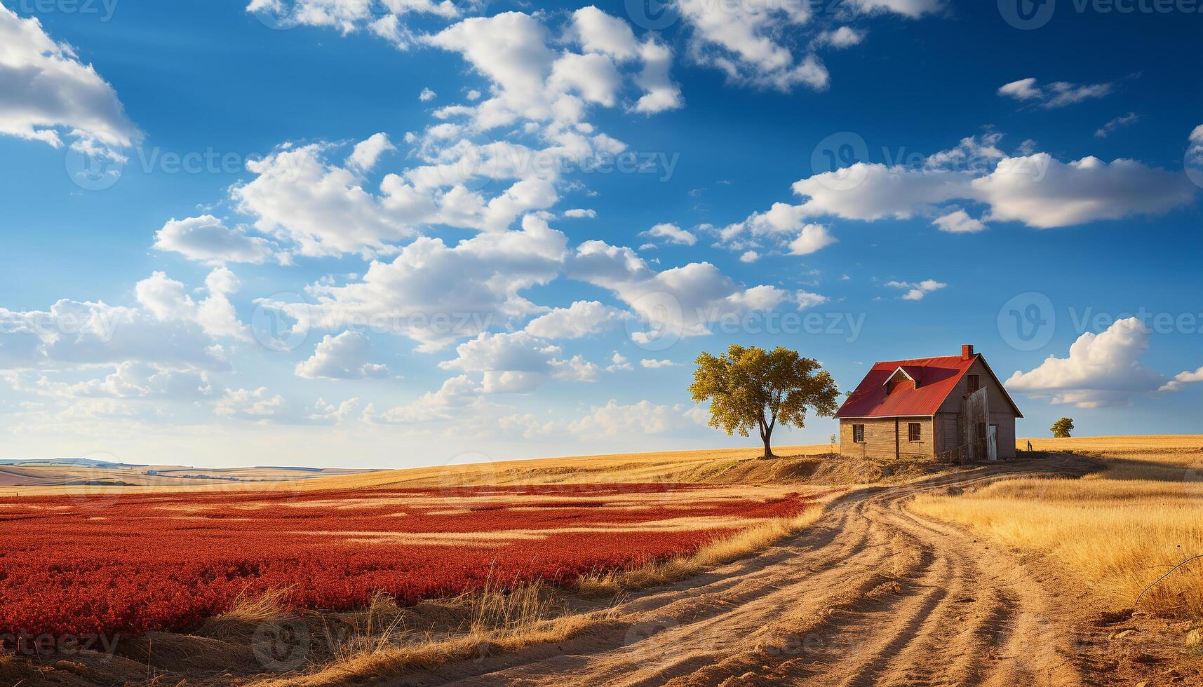 AI generated Tranquil autumn meadow, blue sky, yellow wheat, green forest generated by AI photo