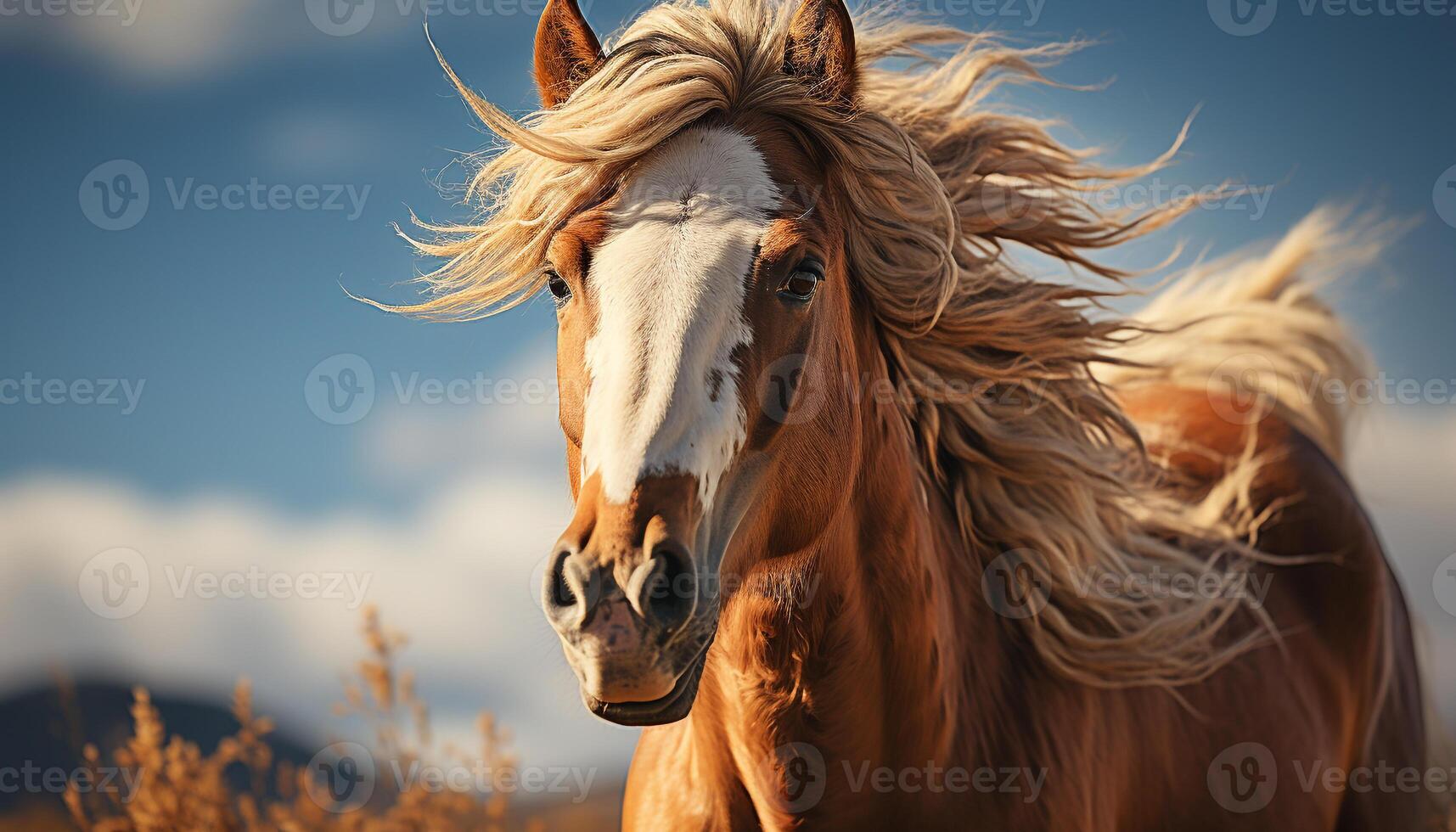 AI generated Majestic stallion runs freely in beautiful meadow at sunset generated by AI photo