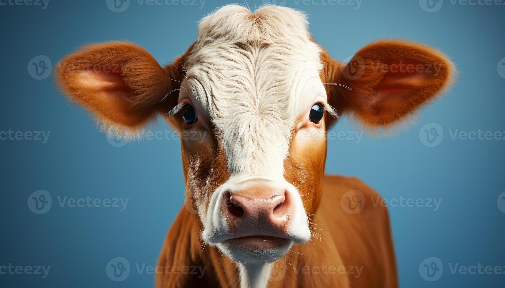 AI generated Cute cow grazing in green meadow, focus on its nose generated by AI photo