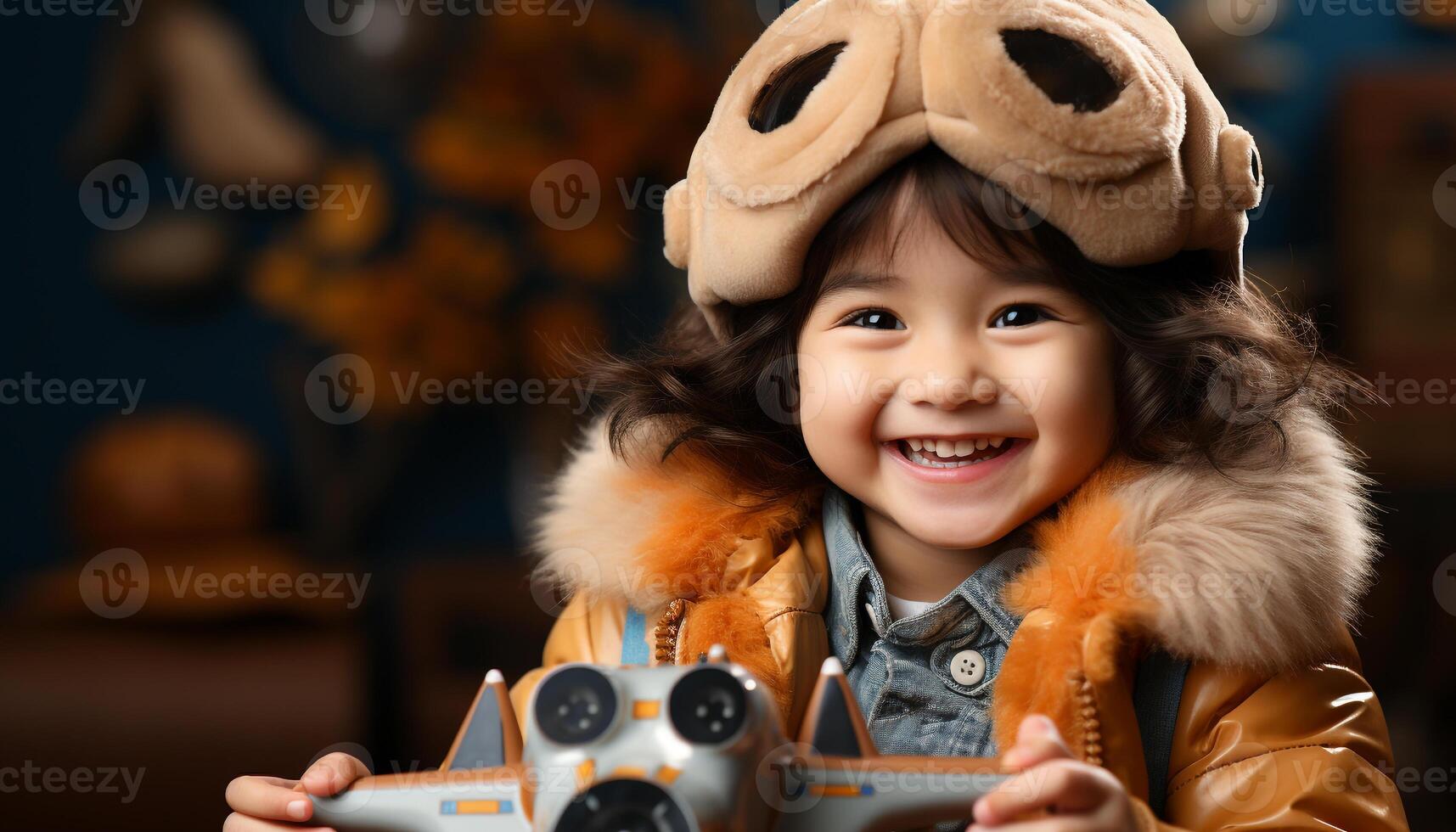 AI generated A cute, smiling girl playing outdoors with a toy generated by AI photo