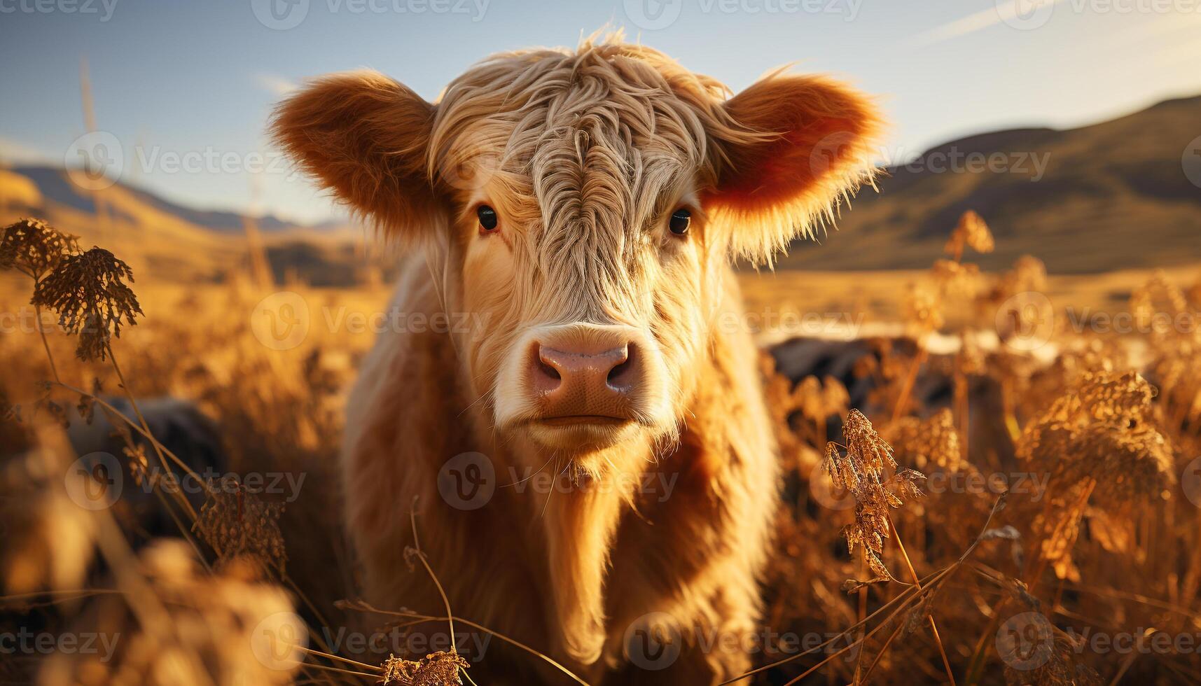 AI generated Cute cow grazing in green meadow, looking at camera generated by AI photo