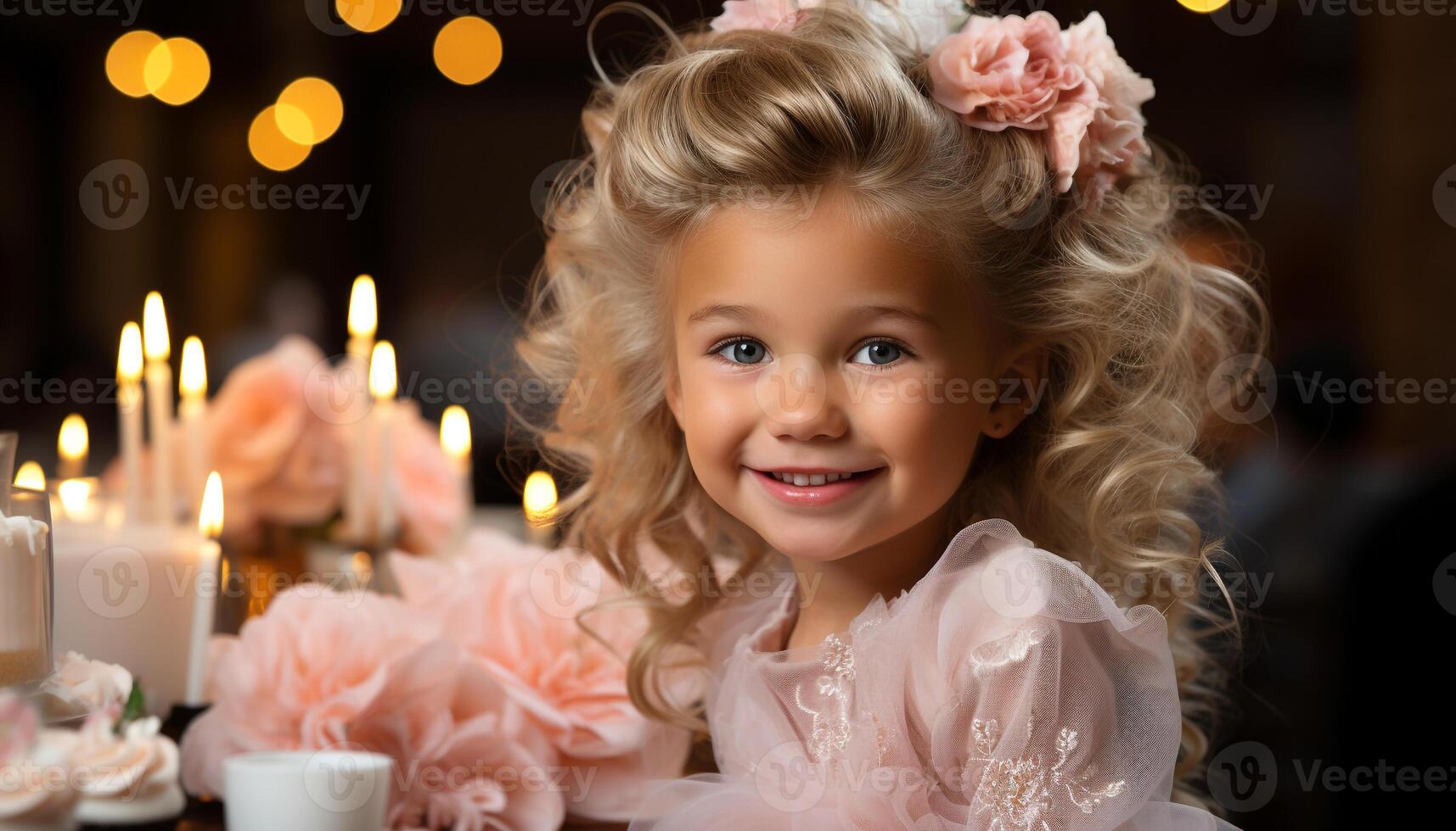 AI generated Cute, smiling girl enjoys birthday celebration with family indoors generated by AI photo